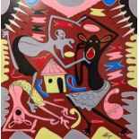 George Lilanga (Tanzanian 1934-2005). Large African oil on board entitled “Mimi Ni Doctor Wa