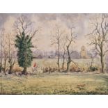 Oil on canvas of fox hunt entitled “The Cambridgeshire Caxton” by Luke Sykes signed & dated 1976. 70