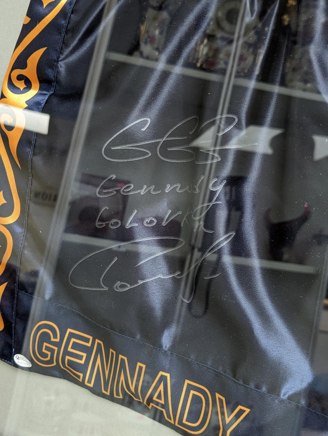 Gennady GGG Golovkin signed and framed blue boxing trunks. 85 x 82cm total size - Image 2 of 2