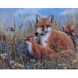 Mark Chester b.1960 Wildlife artist. 'Fox and Cubs' Watercolour signed to bottom right dated