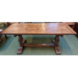 An Old Oak Refectory Table of "17th Century" Design, the cleated 2 plank top on turned supports