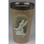 A Royal Doulton Lambeth Ware cricket beaker with a silver plated rim. The three scenes are of