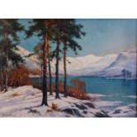 Alfred De Breanski Jnr (1880-1919). Oil on canvas of Friars Crag, Derwentwater in the winter snow,