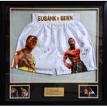 Chris Eubank vs Nigel Benn signed shorts Framed. 86 x 83cm