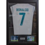 Personally signed by Cristiano Ronaldo Real Madrid CF Framed Shirt and Photos. 70 x 90cm total size