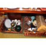 2 Large Trays of assorted glassware, ceramics and bygones inc. Cased end of day glass fish, Oil