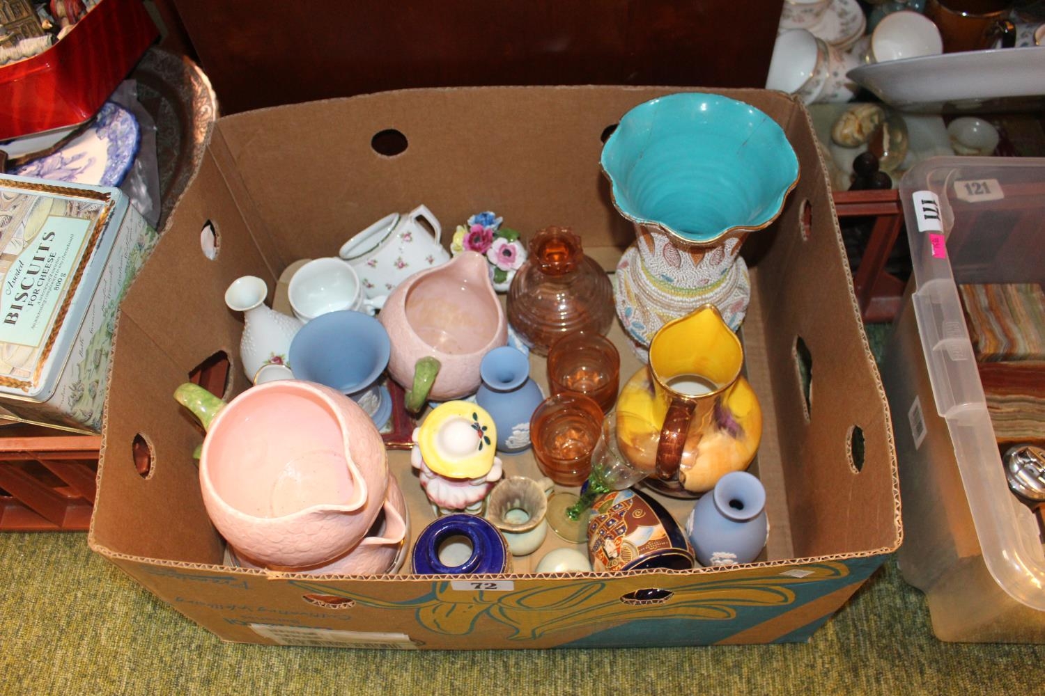 Box of Ceramics to include Wedgwood jasperware, Falconware, etc