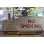 Collection of Vintage enamel and metal signs inc. 'No Smoking', 'No Entry to Passengers' and '