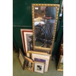 Gilt framed mirror and assorted pictures