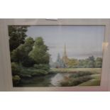 Framed watercolour by F A Betteridge of a view towards Hemingford church signed and dated 1995