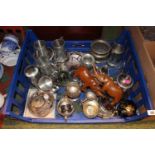 Large Tray of assorted Silver-plated Tableware inc. 3 Piece Tea Set, Tankards etc