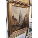 Gilt framed Oil on canvas of a Continental Street scene towards a Church H N Eugene dated 1918