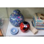 Poole Pottery Vase, Set of Jasperware dishes, Lidded Chinese ginger jar and a carved Plaster Tusk