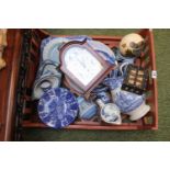Box of assorted Blue & White ceramics and pottery, Porcupine quill box and a H Samuel bracket clock