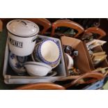 3 Boxes of assorted Pottery and ceramics inc. Enamel Flour Tin etc