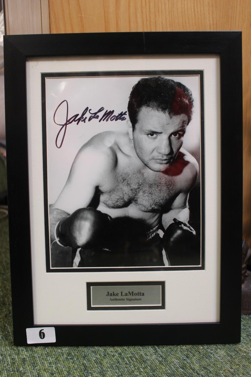 Jake LaMotta signed Photographic print framed and mounted. 40 x 30cm total size. with COA to reverse