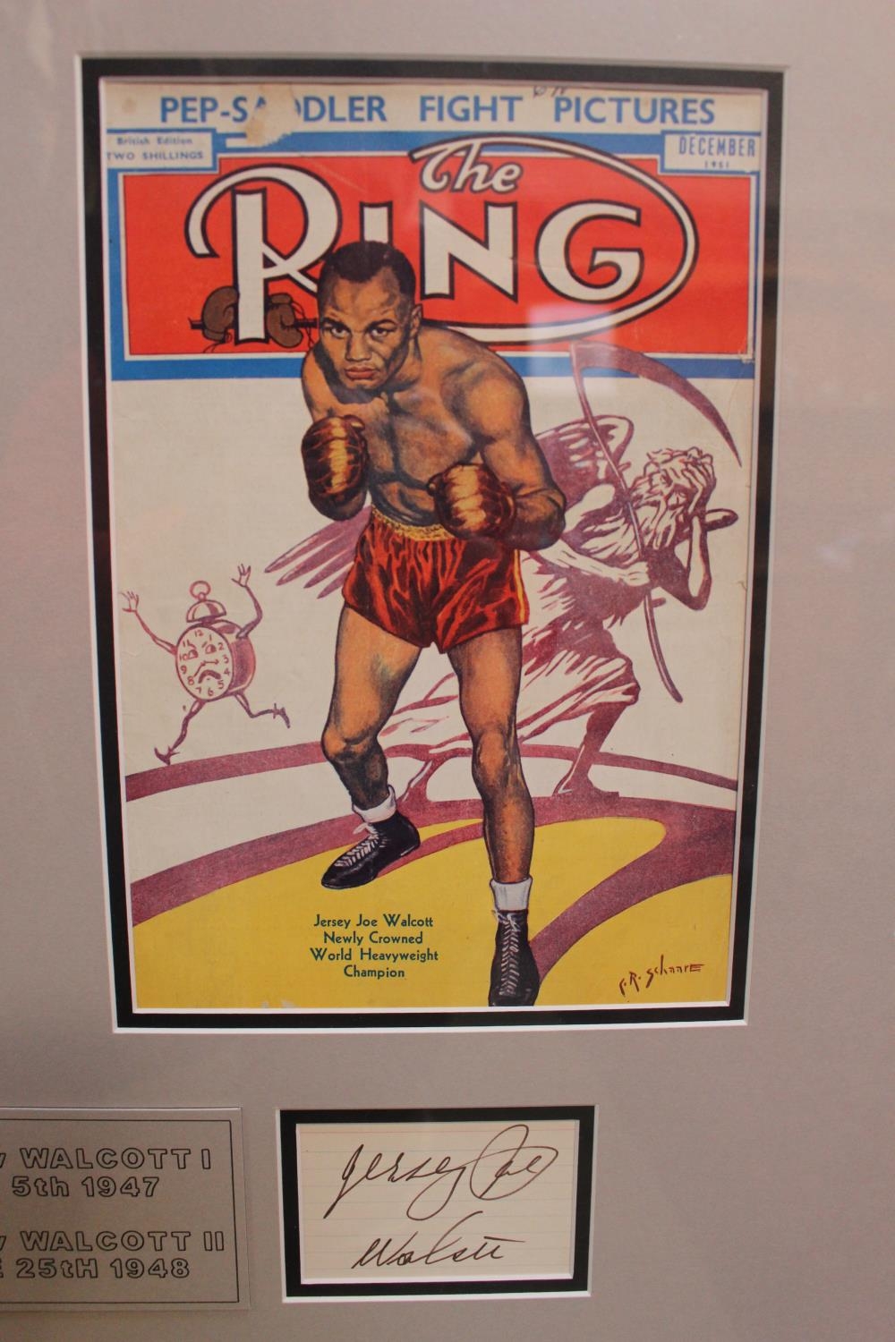 Framed Joe Louis and Jersey Joe Walcott authentic cut signatures. 2 x original ring magazines and - Image 3 of 6