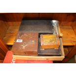 Collection of assorted wooden boxes and a mincer