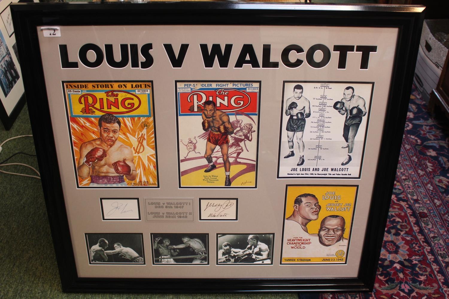 Framed Joe Louis and Jersey Joe Walcott authentic cut signatures. 2 x original ring magazines and - Image 2 of 6