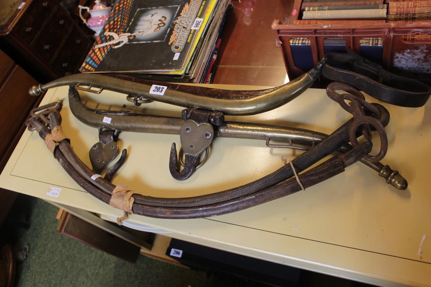 Pair of Brass and Leather horse Hames and stretchers