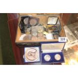 Large Bronzed Meiji period hinged box with a collection of assorted coins
