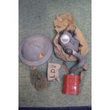 WW2 Home Guard Helmet, Gas mask with armband etc