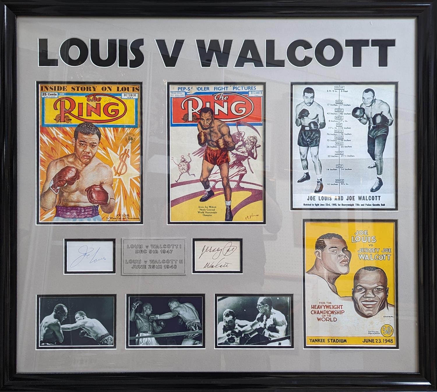 Framed Joe Louis and Jersey Joe Walcott authentic cut signatures. 2 x original ring magazines and
