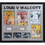 Framed Joe Louis and Jersey Joe Walcott authentic cut signatures. 2 x original ring magazines and