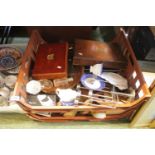 2 Large trays of assorted ceramics and bygones inc. Cased set of Fish Knives and Forks, 19thC Part