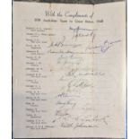 AUSTRALIAN CRICKET: An official 20th Australian Team to Great Britain 1948 team sheet individually