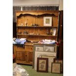 Large Pine Dresser with plate rack back and drawers and cupboards to base