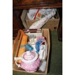 Box of assorted Glassware, Ceramics and bygones inc. 19thC Teapot, Place mats etc