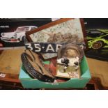 Box of assorted Collectables inc. Koala Needlepoint, Art Pottery figure of a Dog, Old Number plate