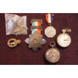 Edwardian Silver pocket watch, collection of assorted military badges etc