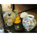 A majolica style drug jar, vase decorated squirrels, coral on stand and an oriental pottery teapot