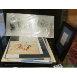 Various pencil and ink drawings including Horse Marines by Walter Clements, naive hunting scene et