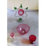 A Victorian glass branch style ornament hung with cranberry glass vases, pink and clear glass