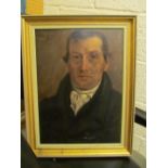 An antique portrait on panel of a man with large black collar marked Hubbard Pinxit 1820 en verso