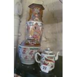 A tall Oriental vase (cracked), lidded pot (chip to rim) and teapot (chipped rim and lid)