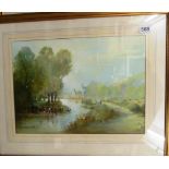 Bernard Banks - watercolour fishermen by river and G.J.C Kirby - watercolour woodpecker