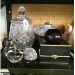 A cut glass lidded jar and other glass