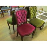 Three green and a pink dralon button back dining chairs