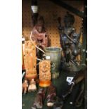 An Oriental table lamp, horn beaker and other treen