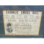 A framed Carbolic Smoke Ball Co. poster with information to reverse