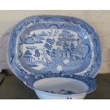A blue and white meat plate and blue and white bowl