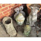 Two garden model cats, two Oriental busts and a shoe