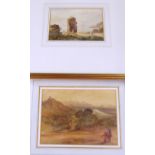Two 19th Century watercolour castle on hillside with figures and horse and another watercolour