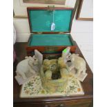 A jewellery box, pair elephant bookends and a candleholder