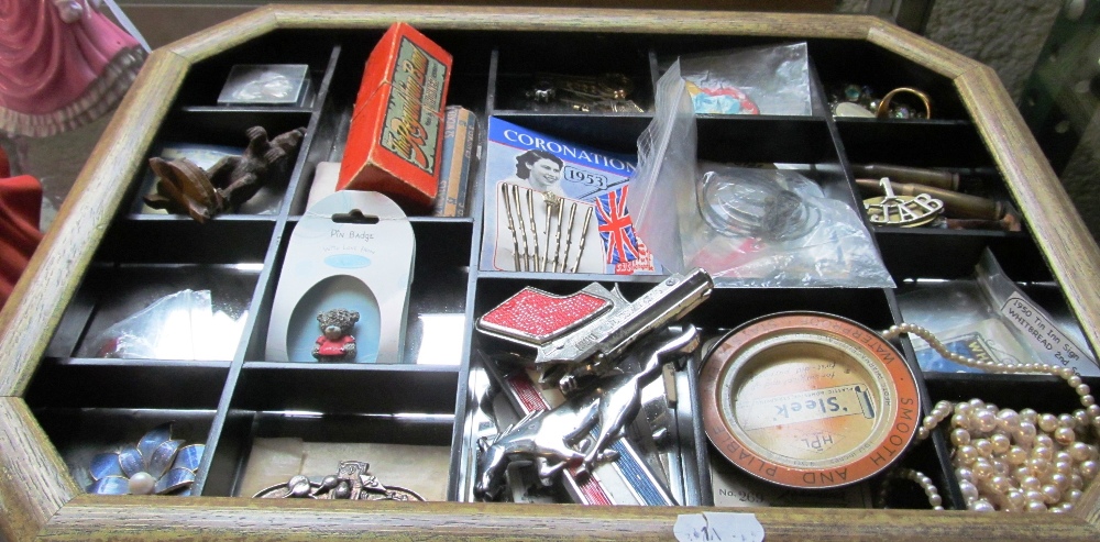 A 1953 Coronation hair grip card, Hohner miniature mouth organ, empty Hohner box and other