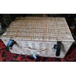 A wicker picnic basket